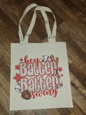 Hey Batter Batter Swing Graphic Canvas Tote - Cream with Red and Brown. 13x15